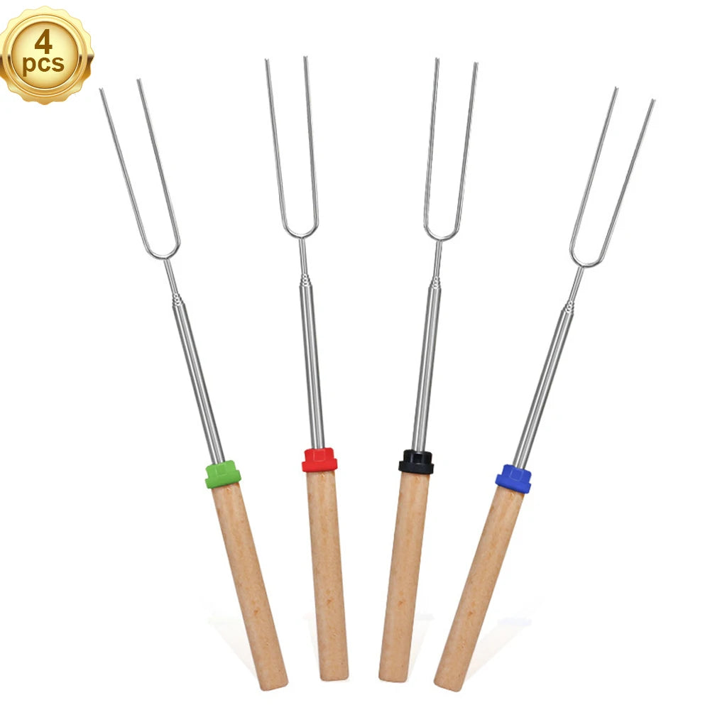 32" Retractable Marshmallow Roasting Forks with Wooden Handle – Campfire Skewer Grill Set - Making Camp - Outdoor Equipment