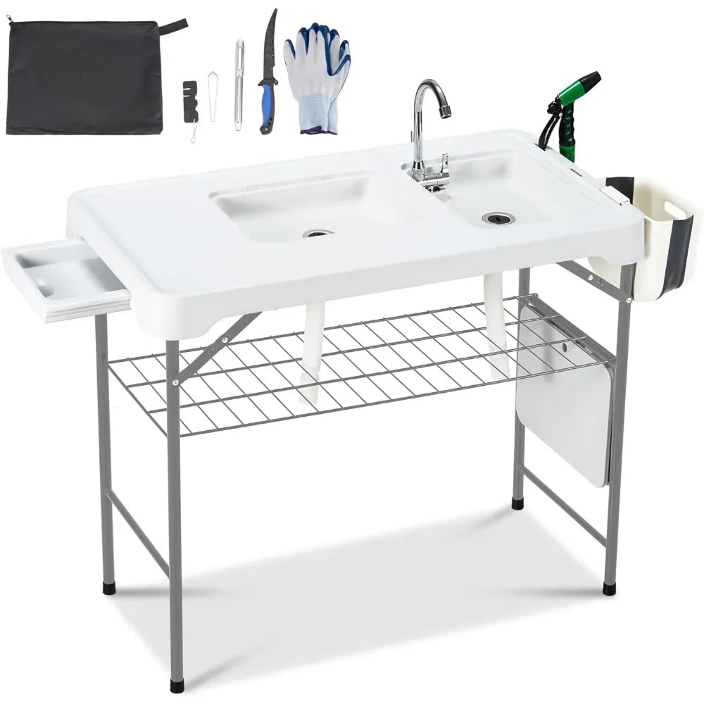42" Portable Fish Cleaning Table with Double Sinks – Collapsible Camping Sink Station with Swivel Faucet - Making Camp - Outdoor Equipment