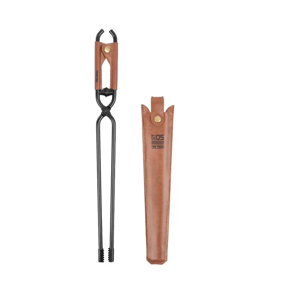 Carbon Steel Firewood and Charcoal Tongs with Leather Handle and Case - Making Camp - Outdoor Equipment