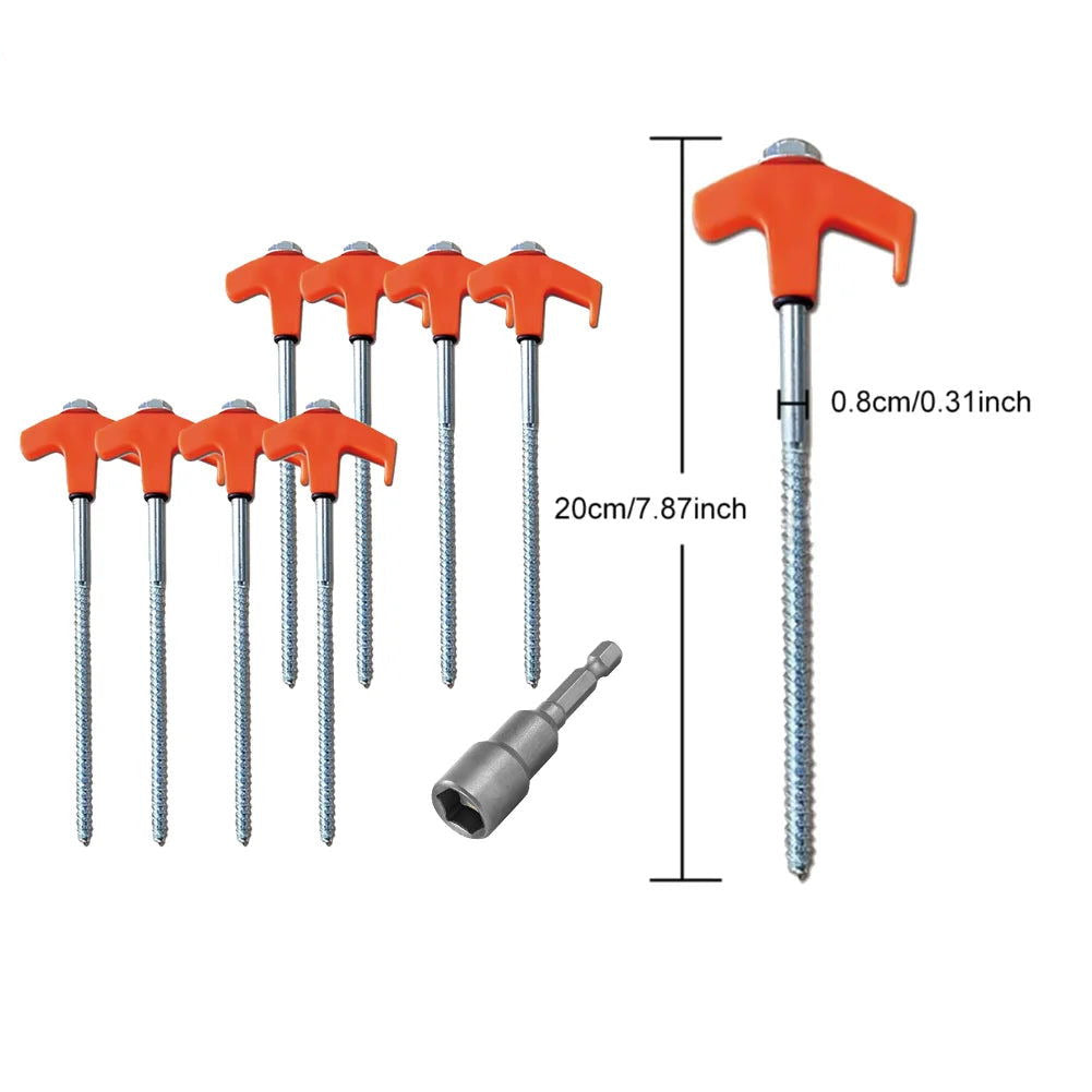 Carbon Steel Tent Stakes - 8-Inch Screw-In Anchors (8-Pack) with Hex Socket - Making Camp - Outdoor Equipment