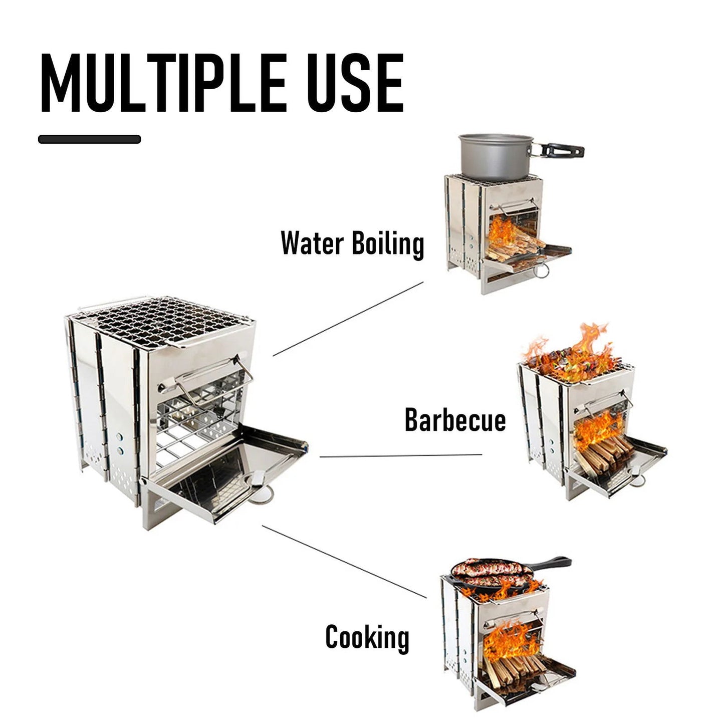 Deluxe Foldable Stainless Steel Outdoor Wood Stove – Portable Charcoal and Stick-Fueled Grill for Camping - Making Camp - Outdoor Equipment