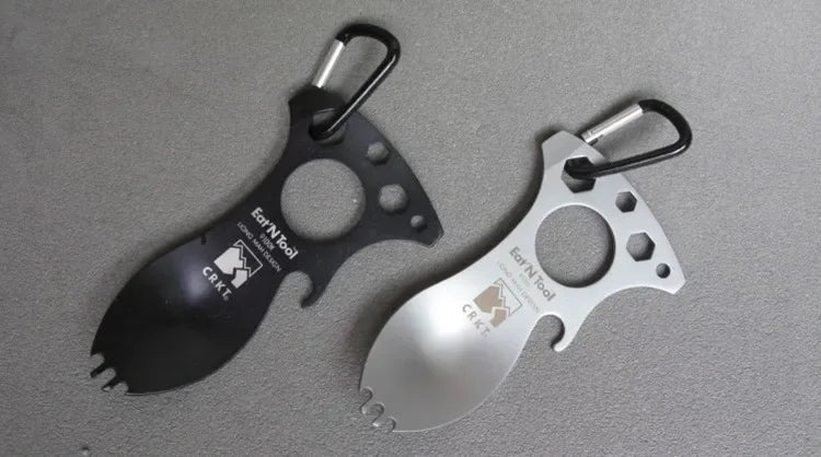 Stainless Steel Tactical Spork – Multi-Function EDC Spoon, Fork, Hex Wrench, Bottle Opener, and Carabiner - Making Camp - Outdoor Equipment