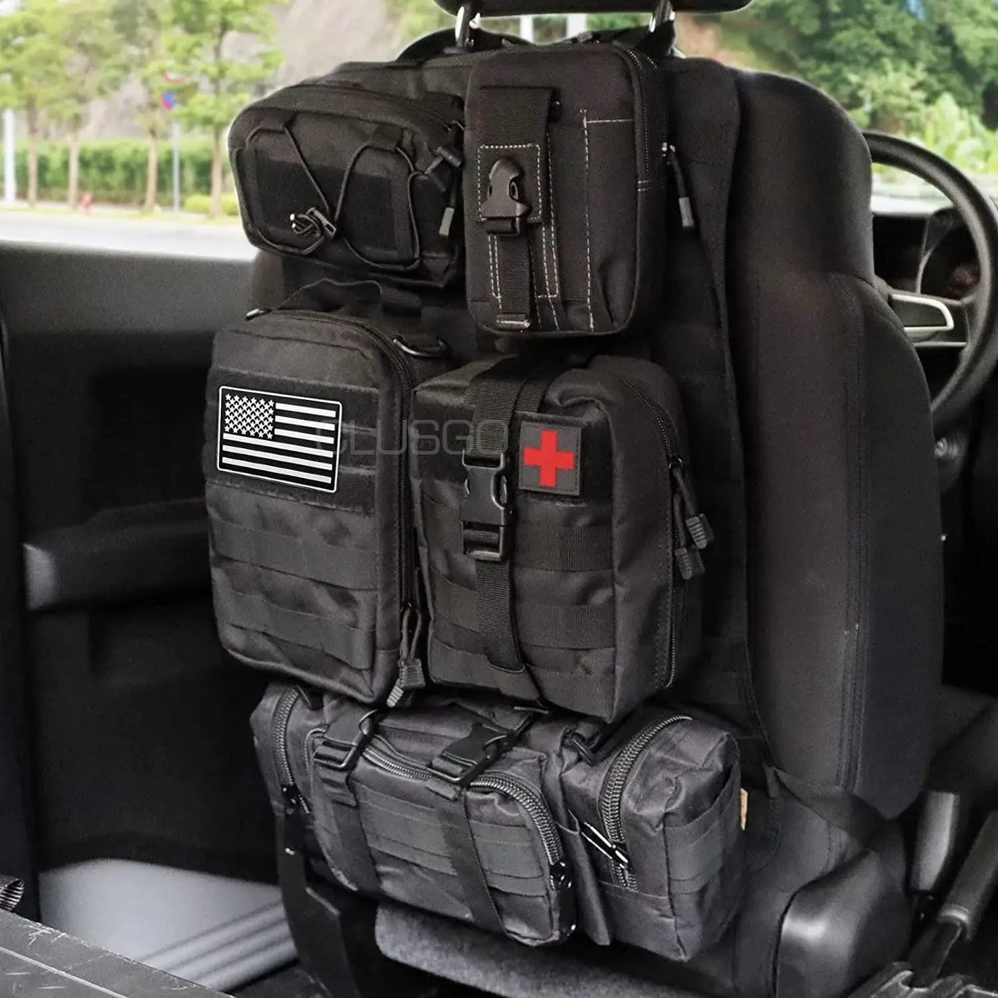 Tactical MOLLE Car Seat Back Organizer – Universal Vehicle Panel with 5 Storage Pouches for Gear and Equipment - Making Camp - Outdoor Equipment