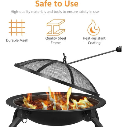21-Inch Portable Folding Steel Fire Pit with Carrying Bag and BBQ Grill for Outdoor Use - Making Camp - Outdoor Equipment