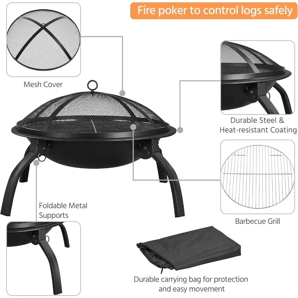 21-Inch Portable Folding Steel Fire Pit with Carrying Bag and BBQ Grill for Outdoor Use - Making Camp - Outdoor Equipment