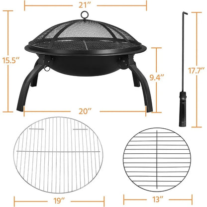 21-Inch Portable Folding Steel Fire Pit with Carrying Bag and BBQ Grill for Outdoor Use - Making Camp - Outdoor Equipment