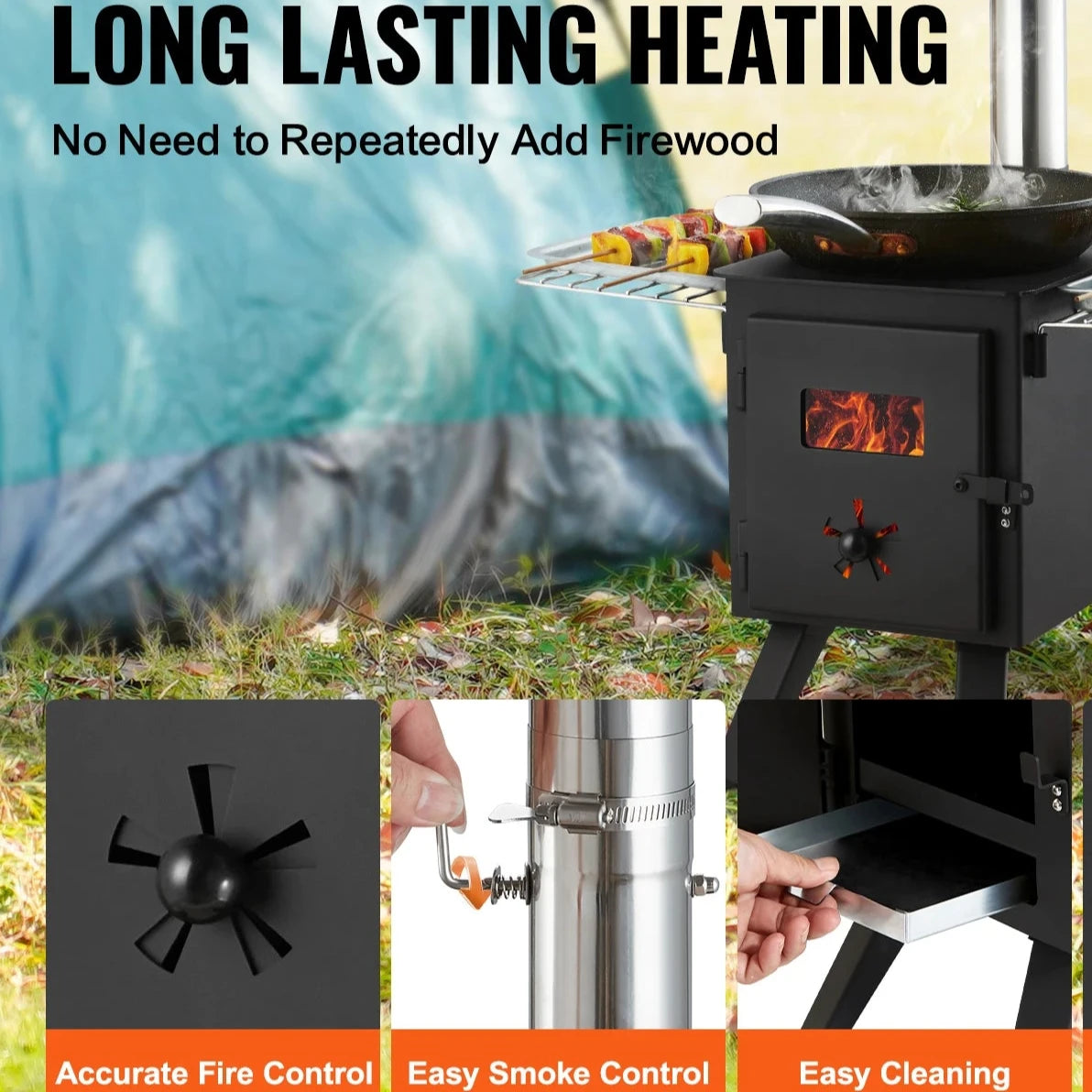 Tent Wood Stove Heater/Firebox – Alloy Steel, Includes Chimney Pipes & Gloves