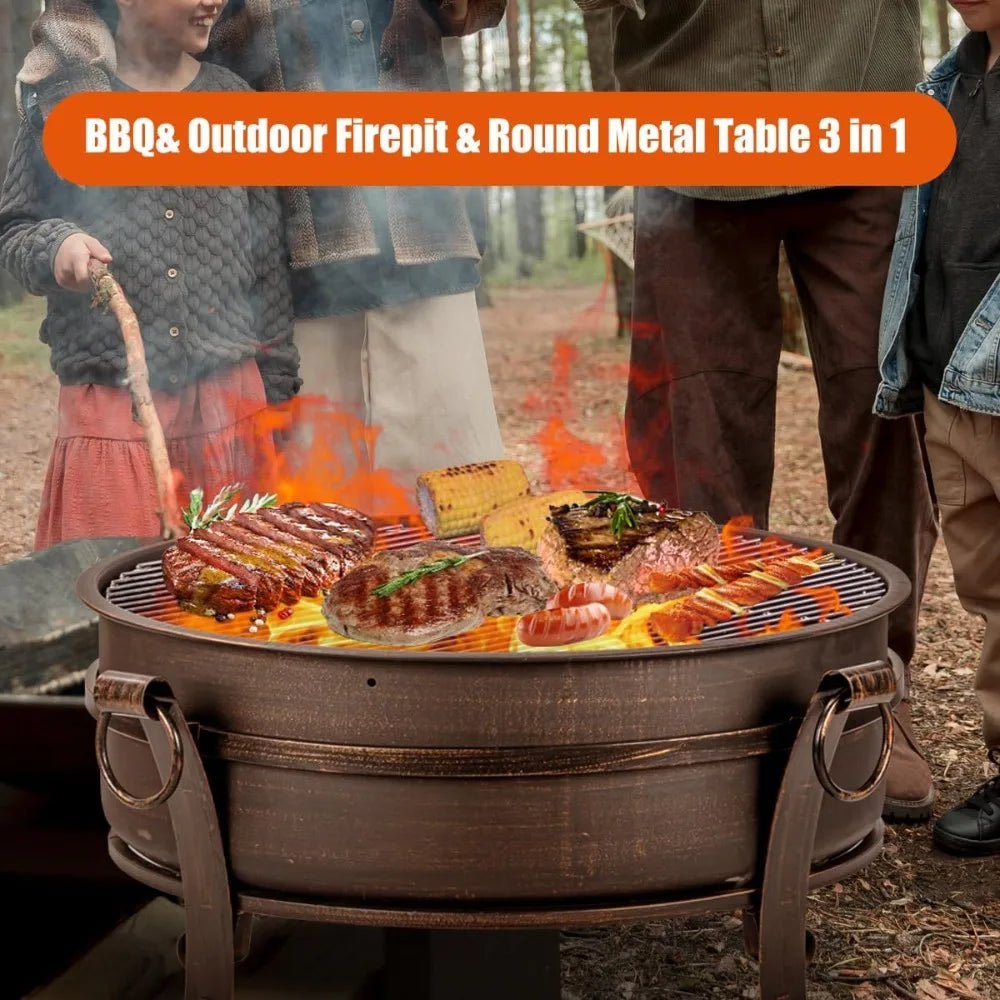 36-Inch 3-in-1 Fire Pit with Grill & Lid – Heavy-Duty Wood-Burning Outdoor Fireplace & BBQ Table