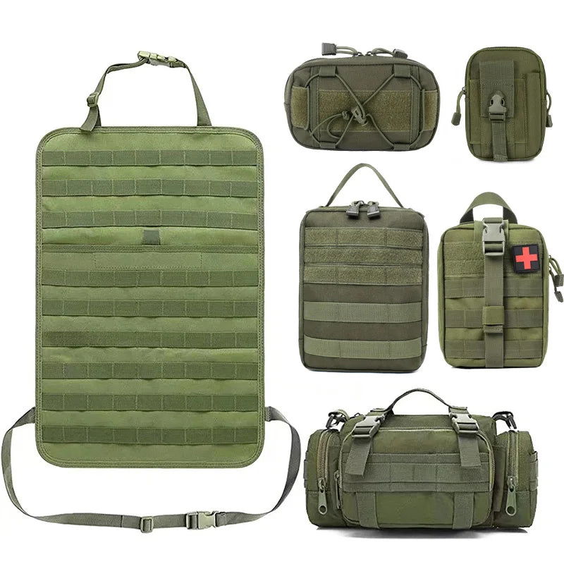Tactical MOLLE Car Seat Back Organizer – Universal Vehicle Panel with 5 Storage Pouches for Gear and Equipment - Making Camp - Outdoor Equipment